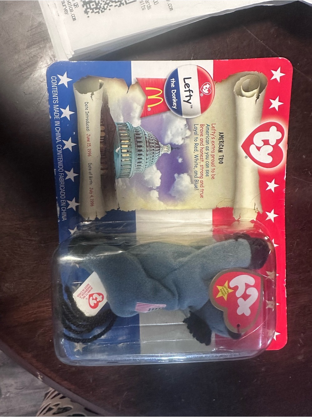 1996 McDonald’s TY Teenie Beanie Baby Lefty the Donkey Sealed American Trio